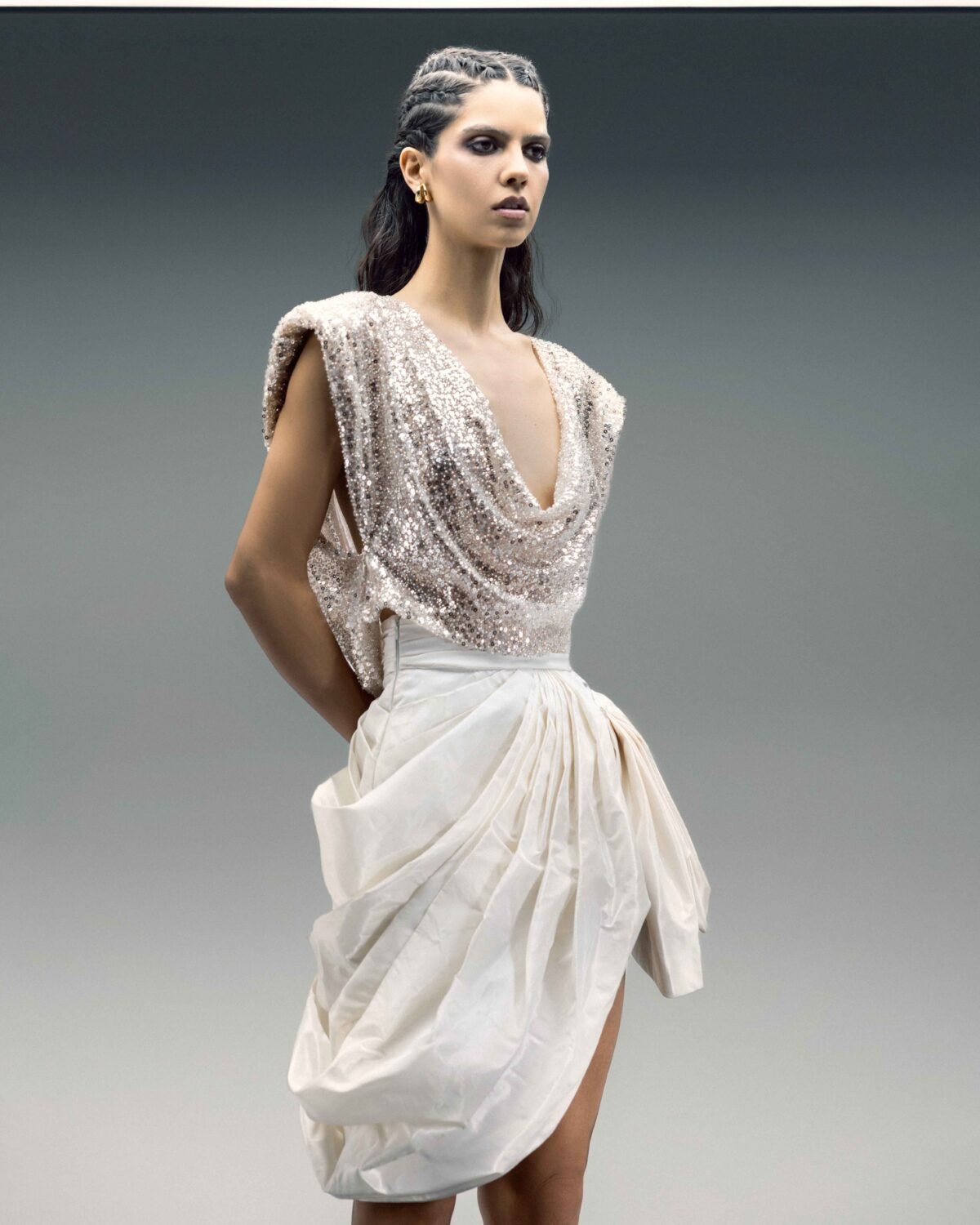 Sequined Gold Cowl-Back Draped Top