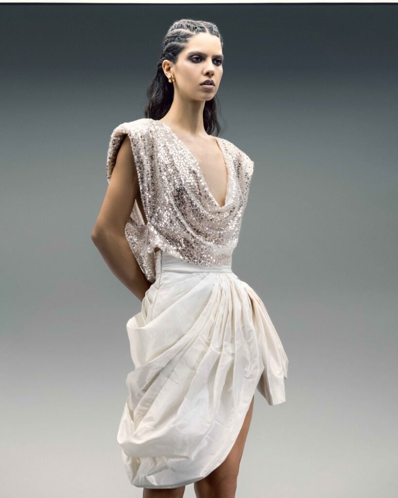 Sequined Gold Cowl-Back Draped Top 