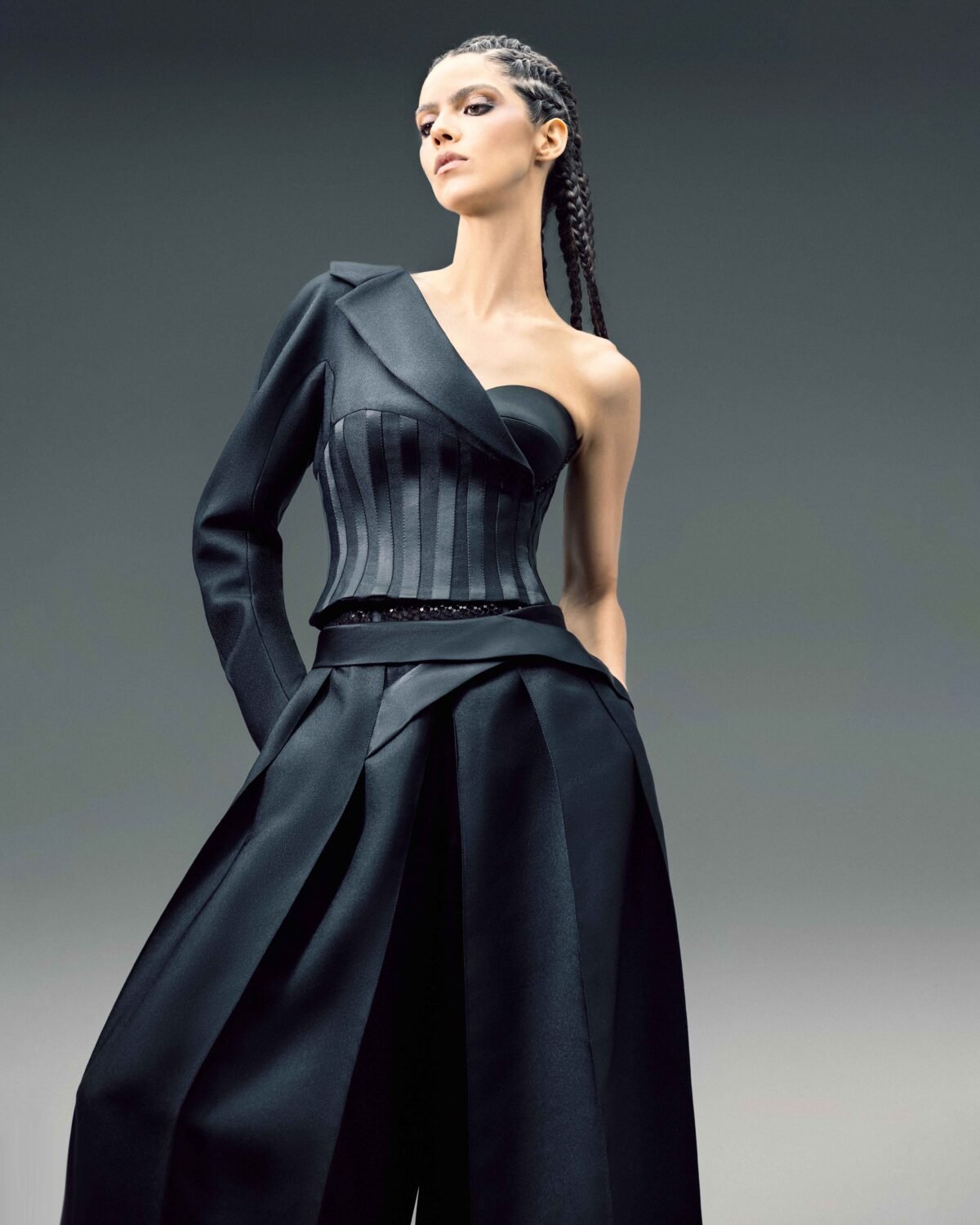 One-Sleeve Asymmetric Mikado Jacket with Structured Corset and Razmir Stripes