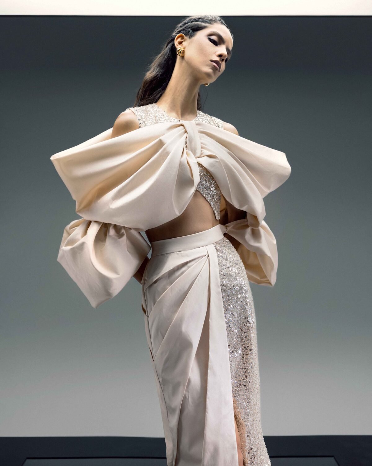 Oversized Bow Crop Top with Sequined Bodice