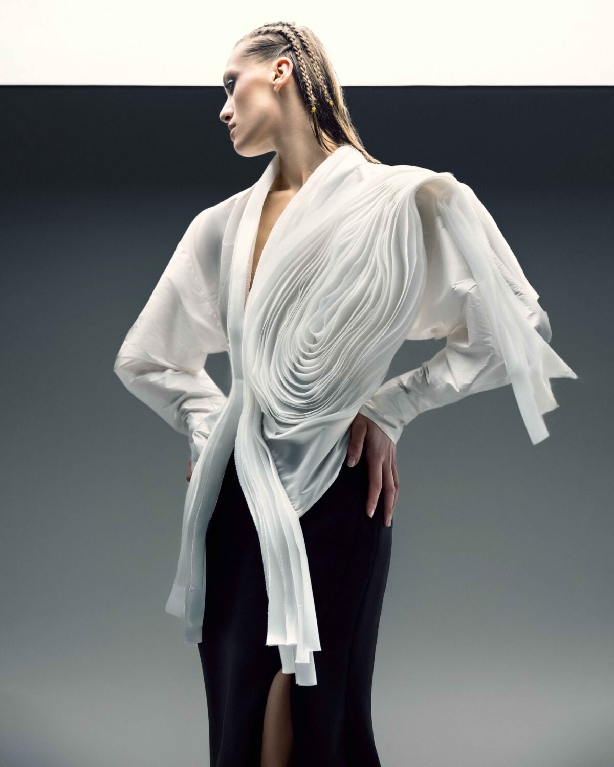 Off-White Taffeta Blouse with Voluminous Organza Manipulation