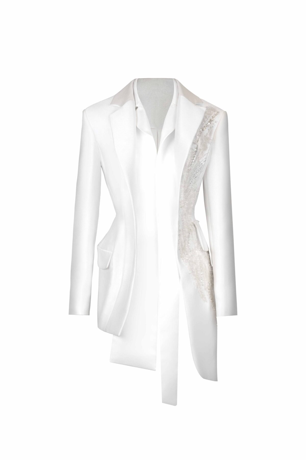 Asymmetric Off-White Mikado Jacket with Feathered Lace