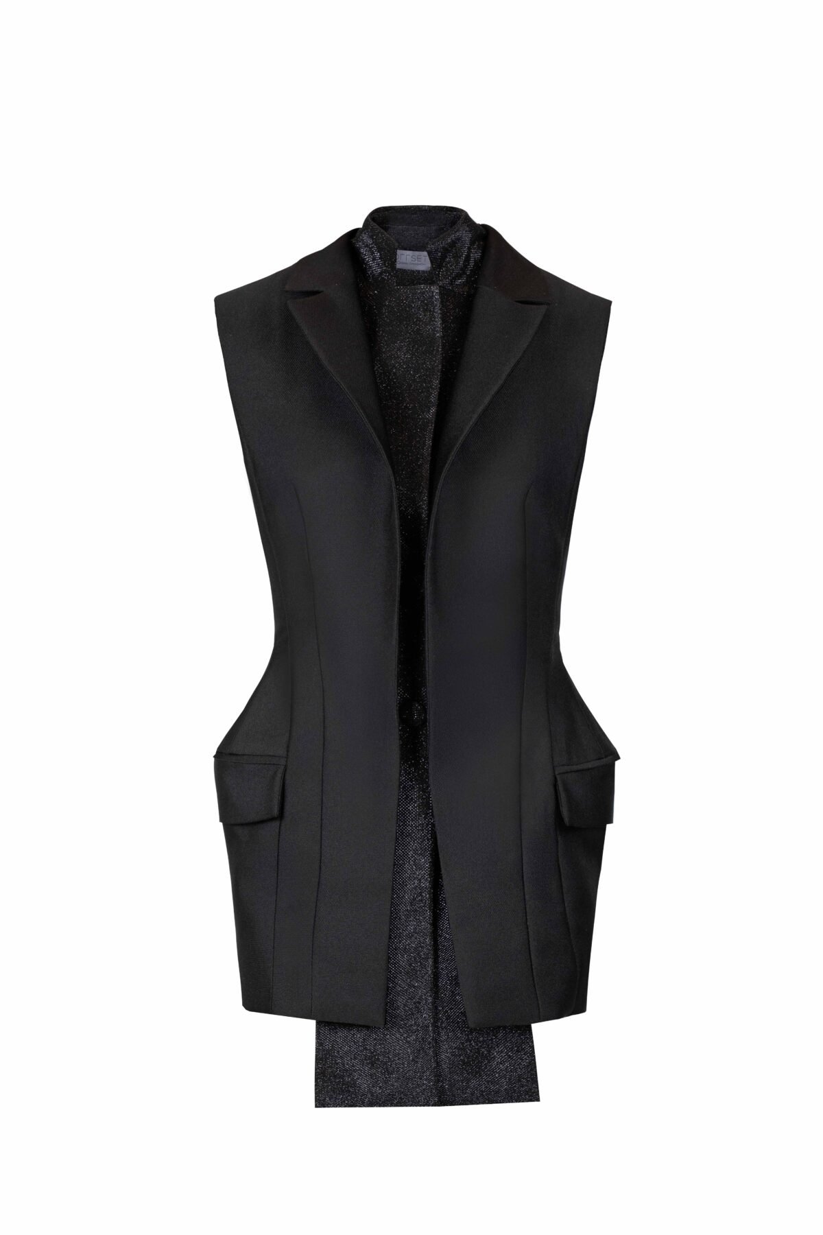 Sleeveless Mikado Jacket with Shimmery Lamé Collar