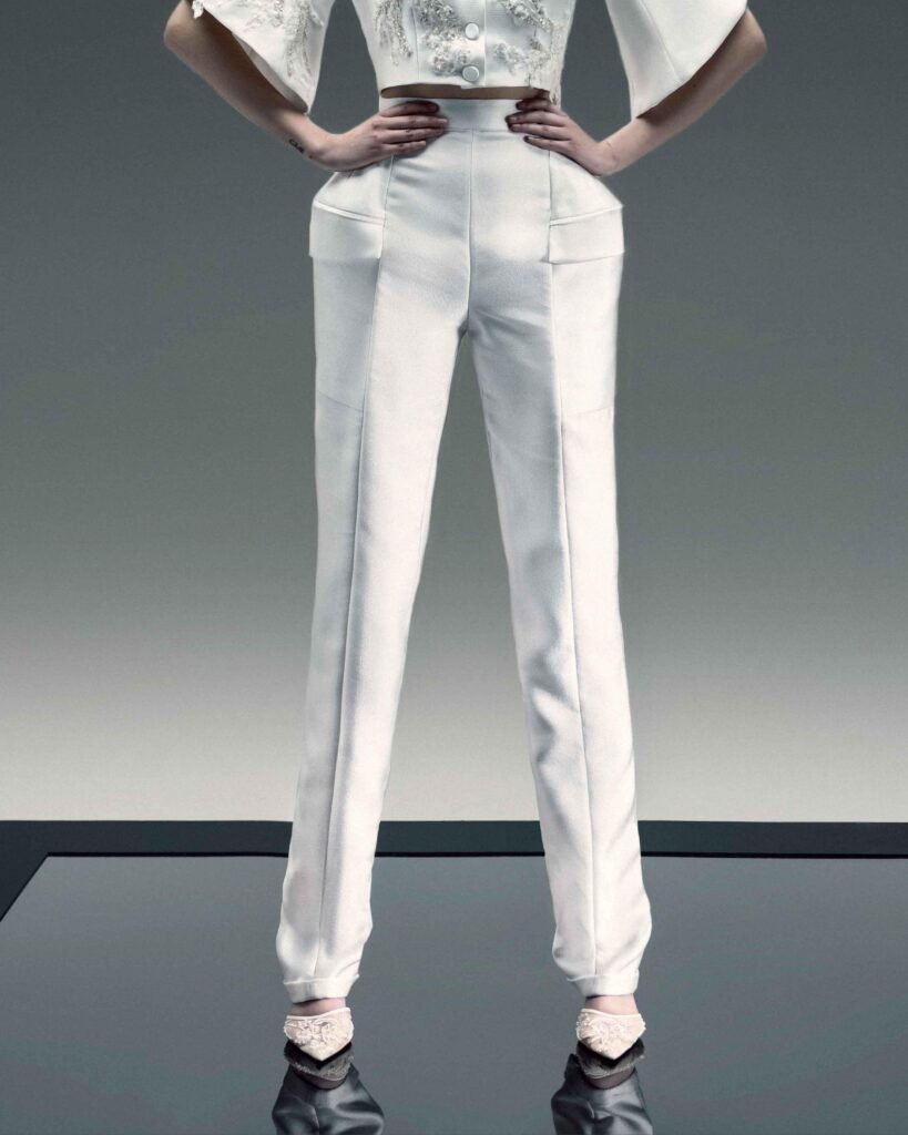 Cinched Ivory Crepe Pants with Structured Hips 