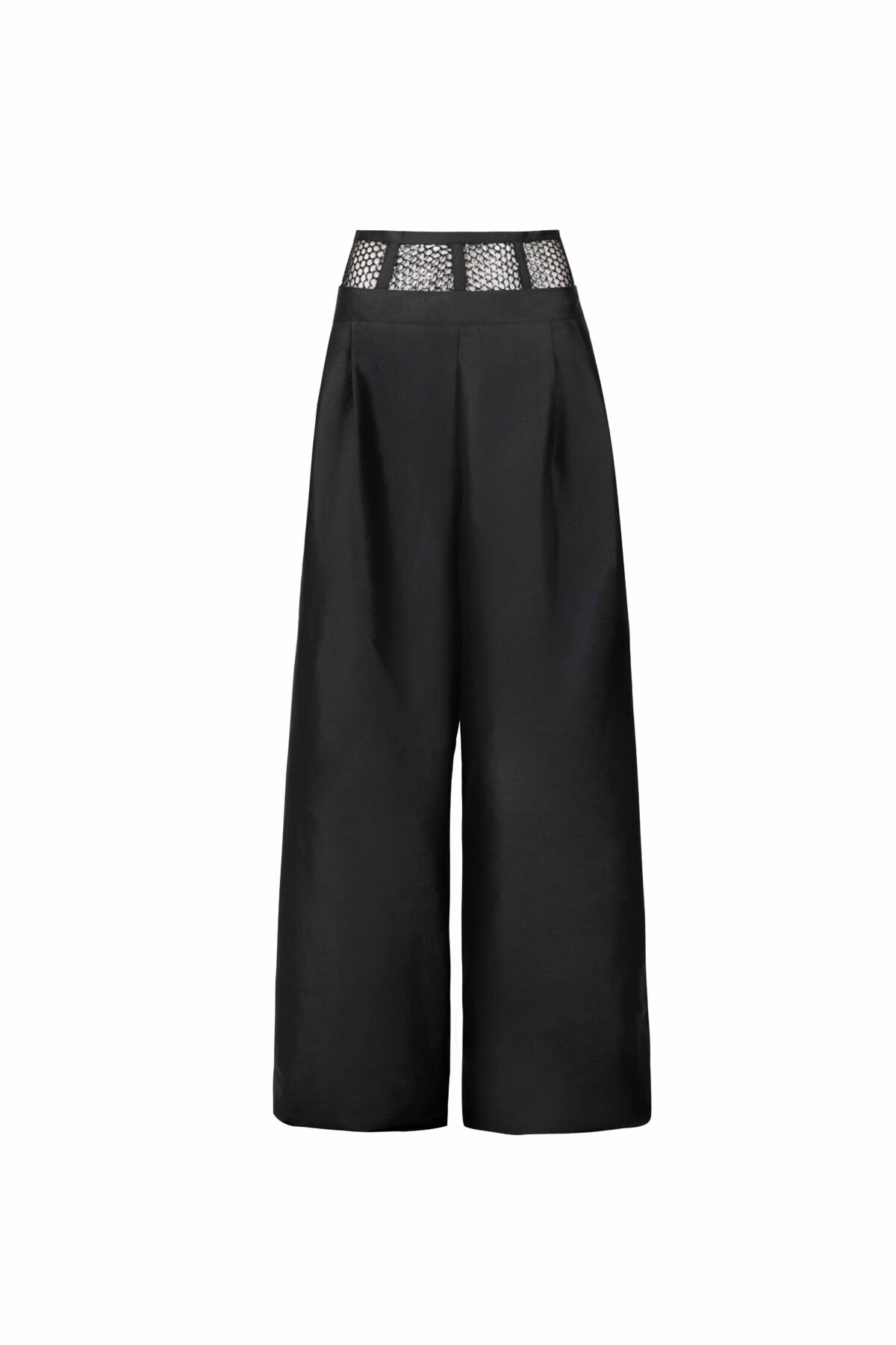 Mesh Waist Wide-Leg Black Taffeta Pants