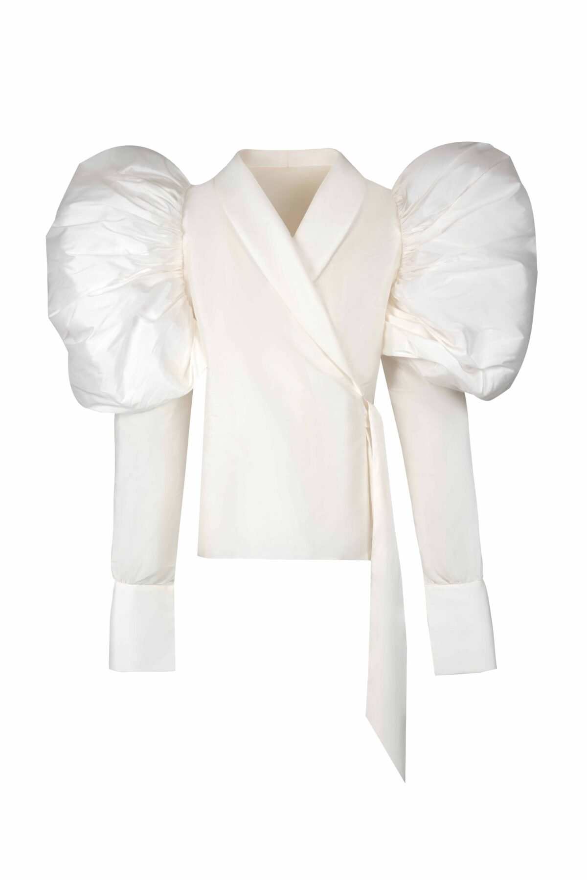 Voluminous Puff-Sleeve Wrap Taffeta Blouse