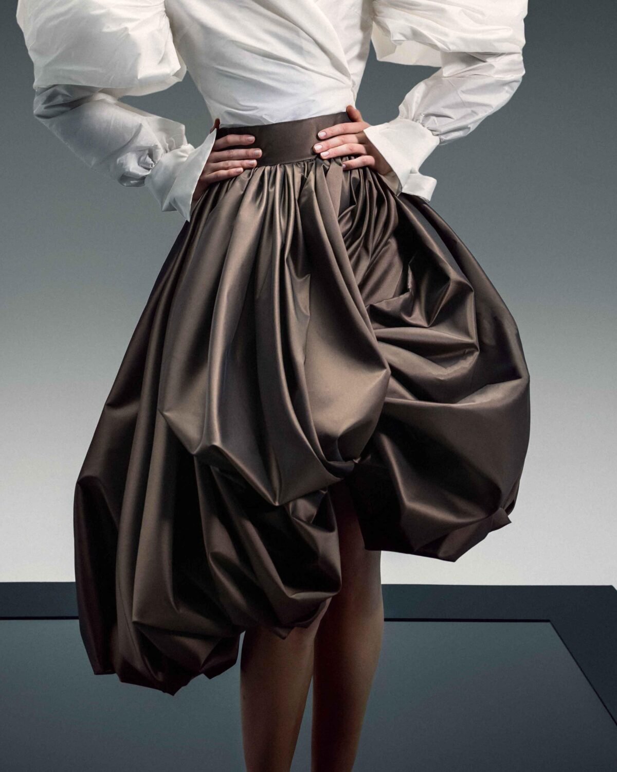 Sculptural Balloon Taffeta Midi Skirt