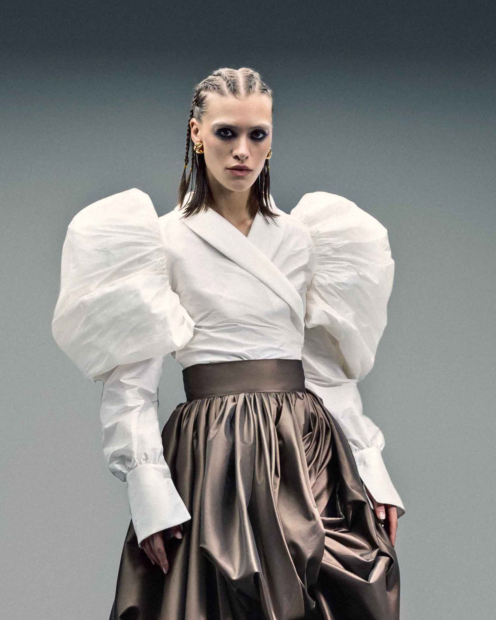 Voluminous Puff-Sleeve Wrap Taffeta Blouse