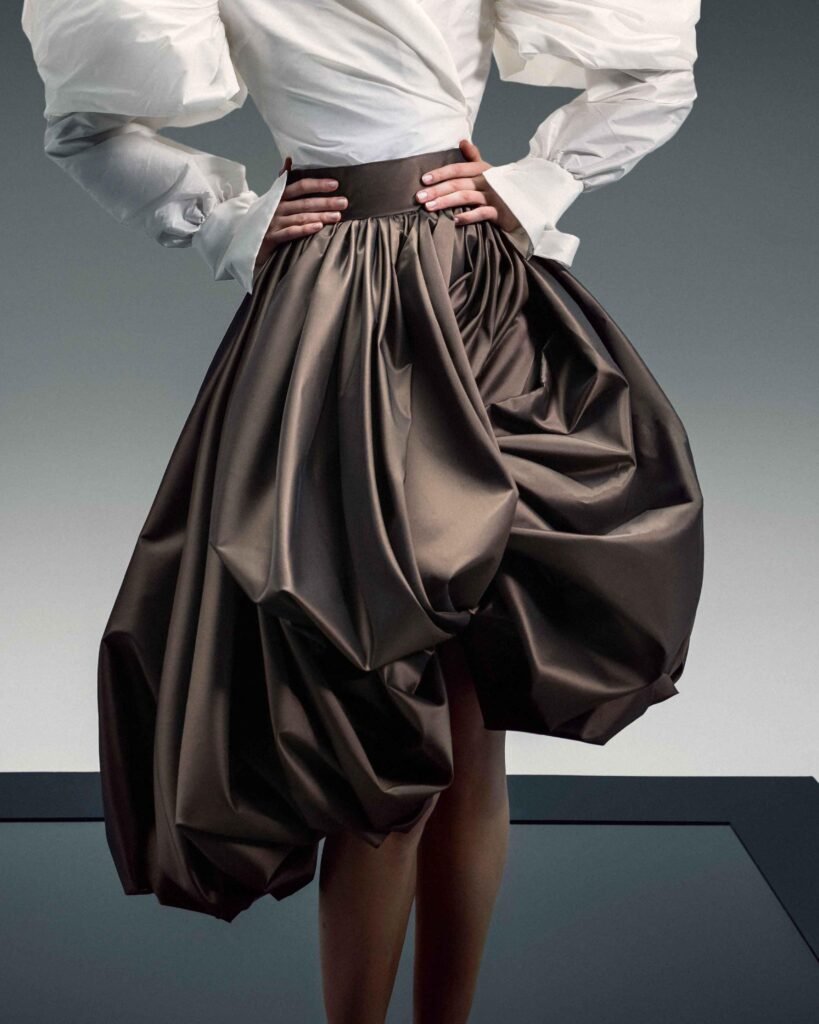 Sculptural Balloon Taffeta Midi Skirt 