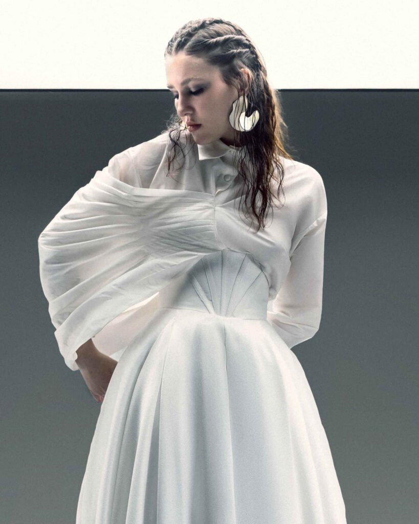 White Draped Taffeta Blouse with Front-to-Back Train Detail 
