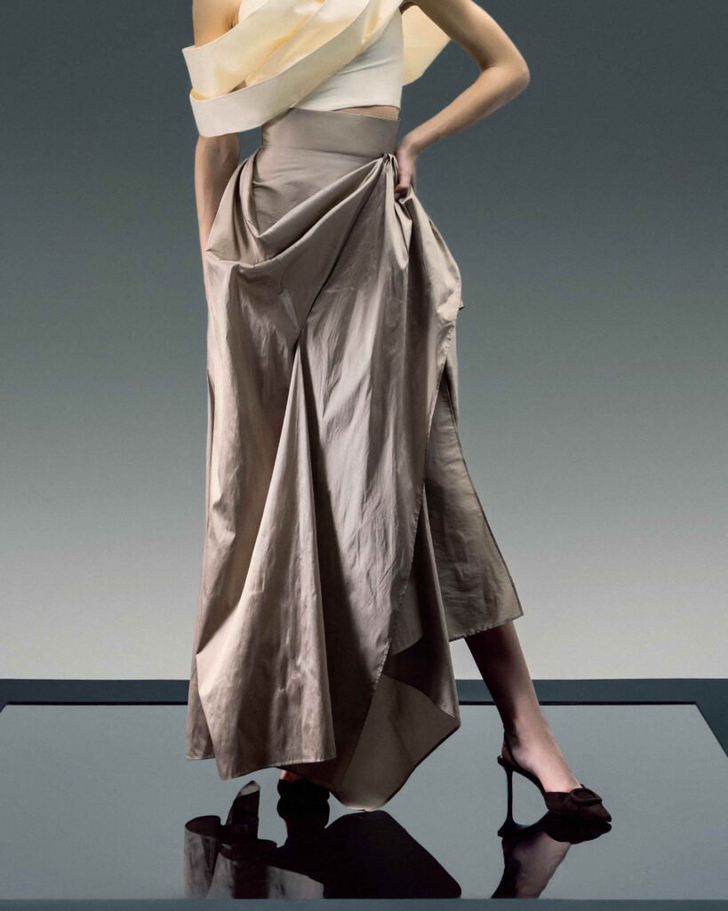 Draped Gold Taffeta Maxi Skirt 
