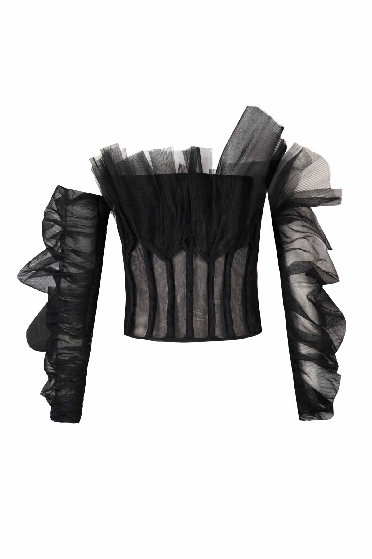 Sheer Corset Top with Plissé Ruffle and Tulle Sleeves