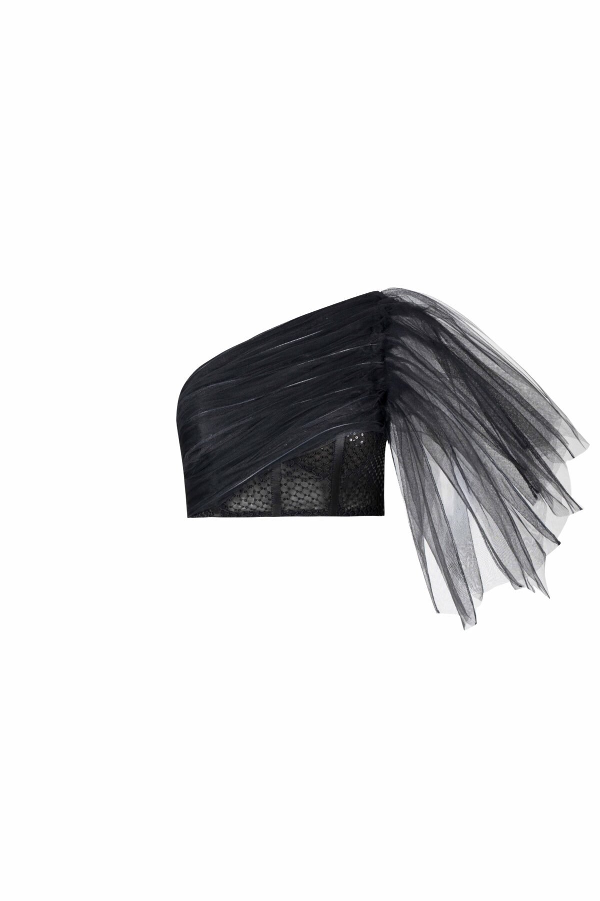 One-Shoulder Draped Tulle Top with Sequined Corset Base