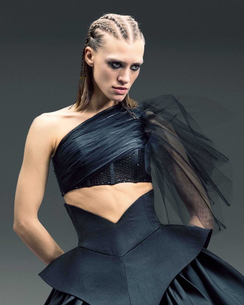 One-Shoulder Draped Tulle Top with Sequined Corset Base 