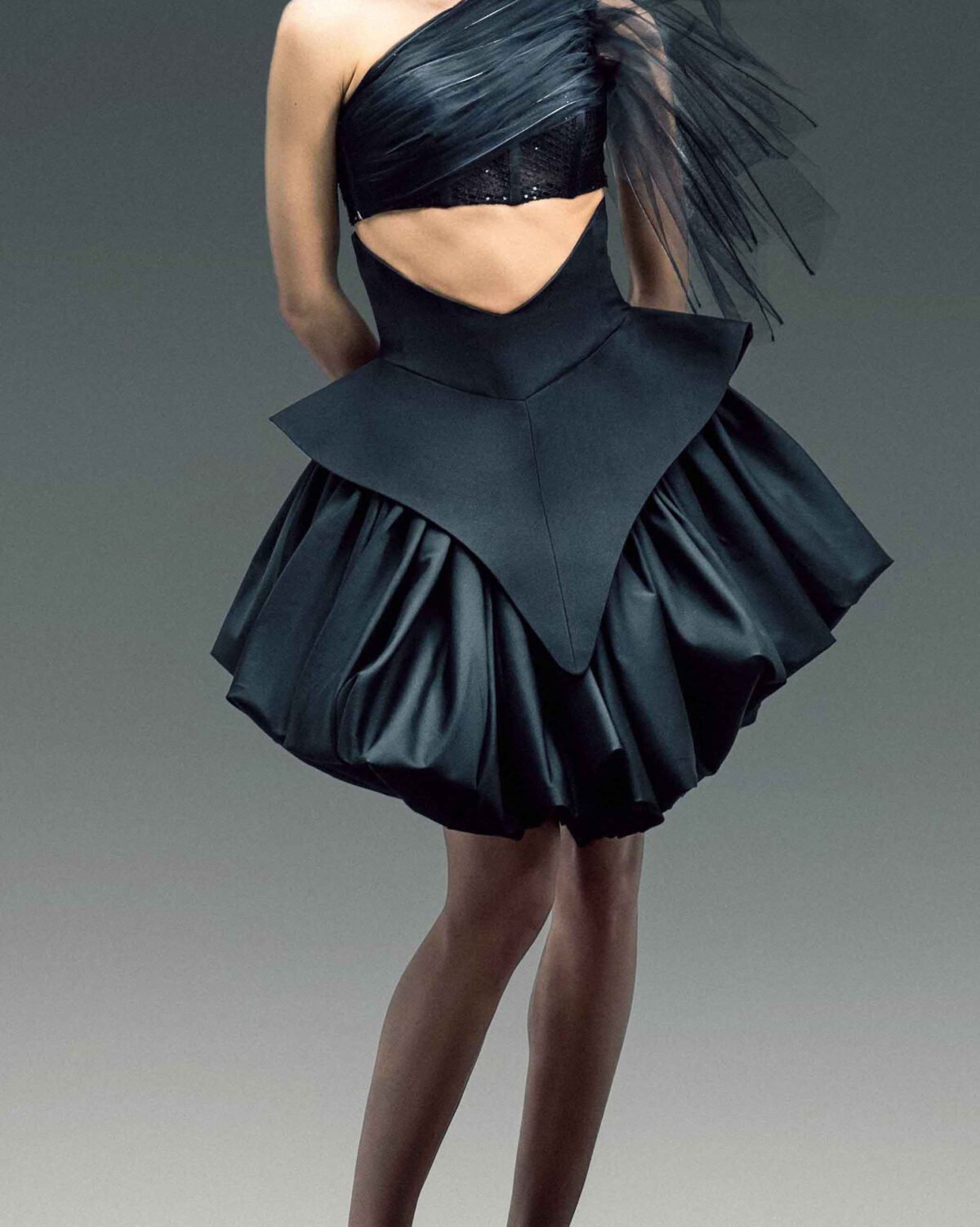 Cinched Waist Balloon Black Skirt