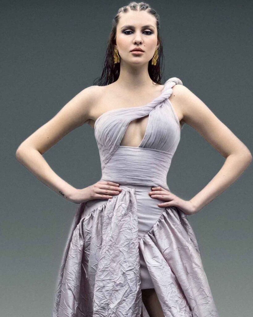 Braided Lilac One-Shoulder, Open Bust Lamé Top 