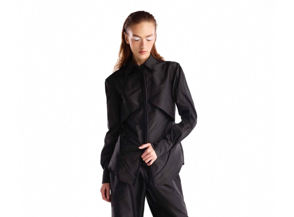 Structured Panels, Front Zip Taffeta Blouse 