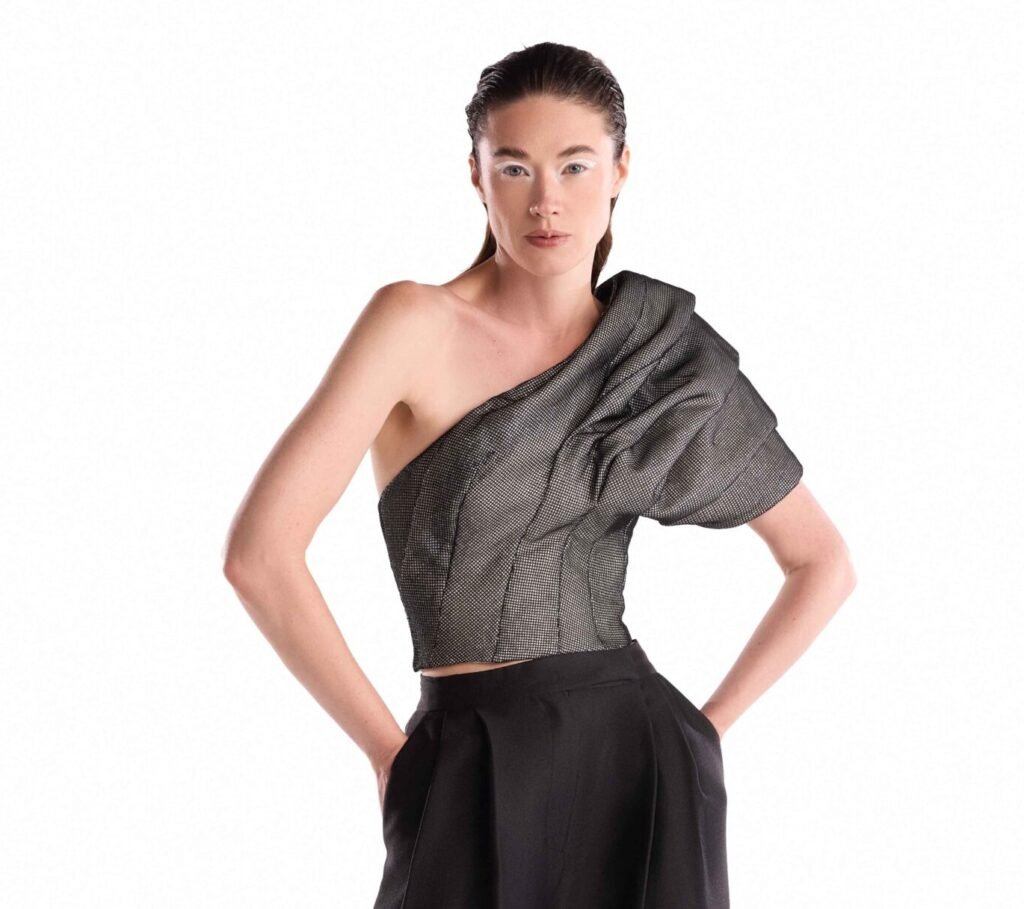 One-Shoulder Silver Metallic Jersey Top 