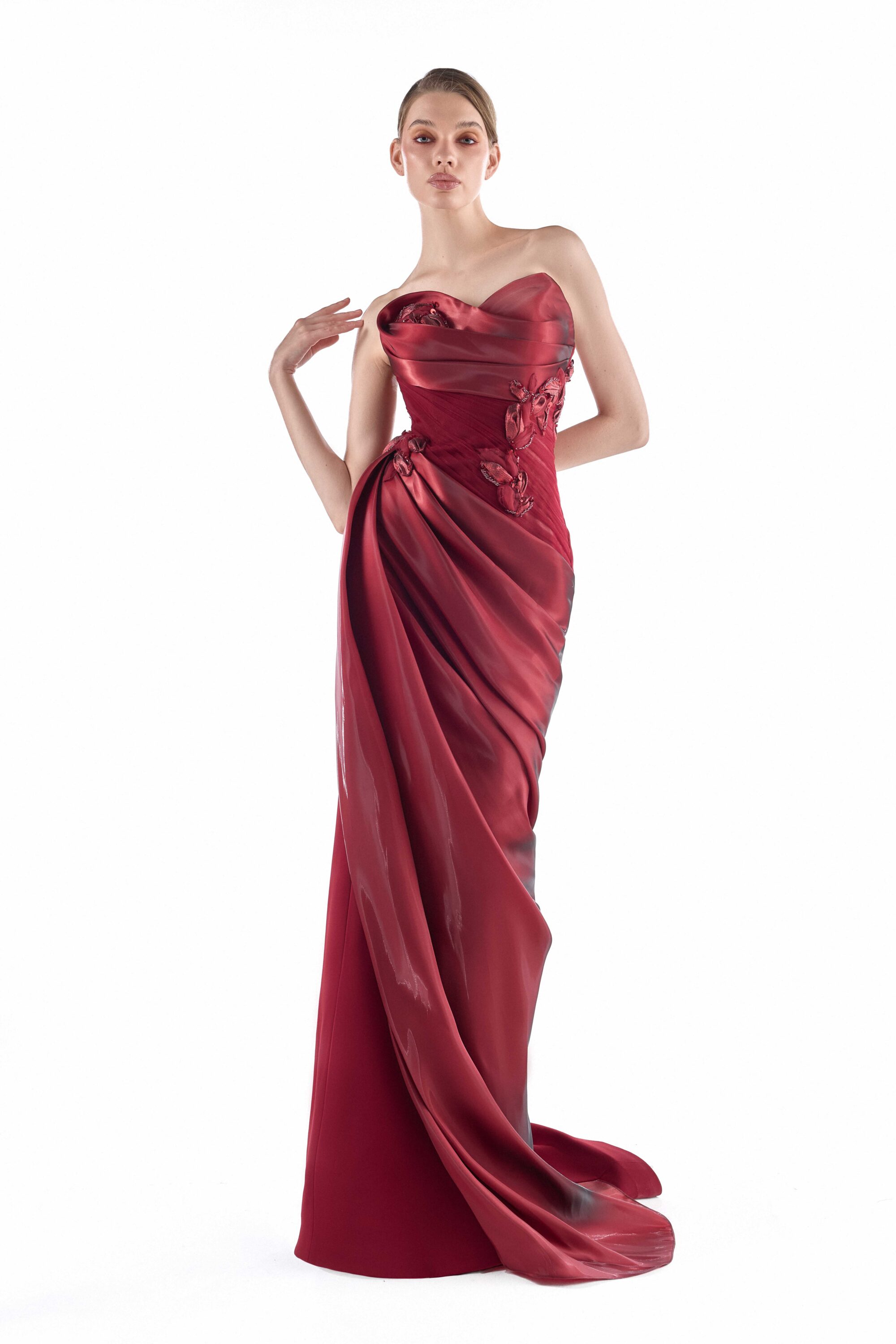 Burgundy Bloom, Draped Crystal Organza Gown