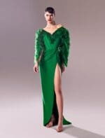 Ruched Sleeves Crepe Emerald Green Dress  Timeless Sophistication Meets Modern Allure - Image 2