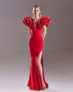 Voluminous Shoulders and Deep V Red Dress - Image 2