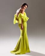 Lime Crepe Dress with Exaggerated Off Shoulders - Image 3