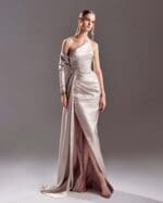 One Sleeve Gold Nude Dress - Image 2