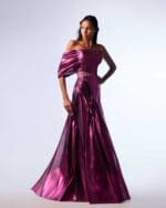 Off the Shoulder Pop Fuscia Metallic Dress