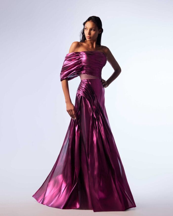 Off the Shoulder Pop Fuscia Metallic Dress