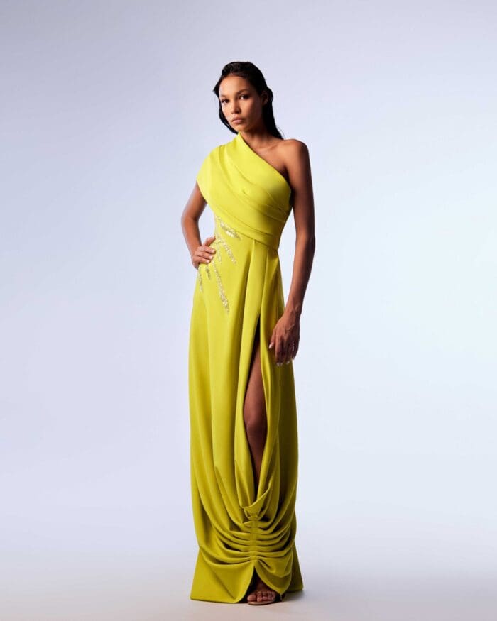 Draped One Shoulder Lime Dress