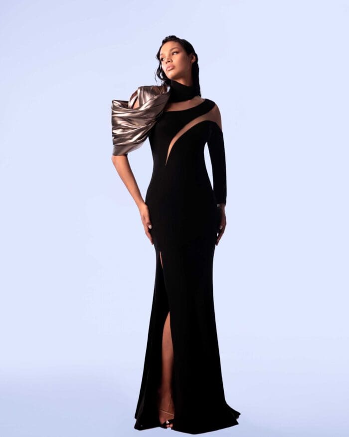 Cut Out Metallic Shoulder Black Dress