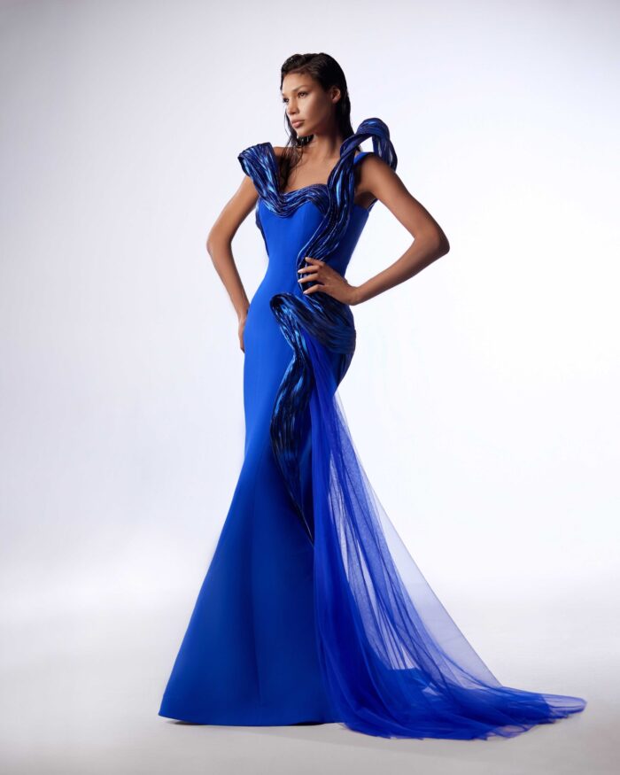 Elegantley Draped Metallic Blue Mermaid Dress