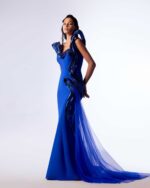 Elegantley Draped Metallic Blue Mermaid Dress - Image 4
