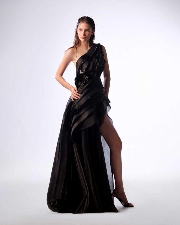 Magical Black Organza Dress with a High Slit