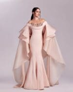 Majestic Embellished Pink Gown with Cascading Sleeves - Image 4