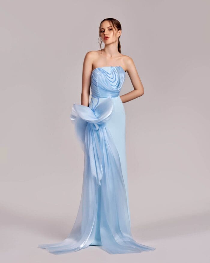 Ice Blue Strapless Dress with Crystal Trims and Manipulated Organza