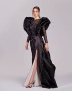 Elegant Black Sequins Gown with Dramatic Shoulders - Image 3