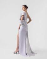 Luxurious Silver Lame Organza Off-Shoulder Gown - Image 2