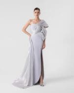 Luxurious Silver Lame Organza Off-Shoulder Gown