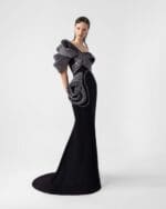 Sculptural Ribbed Silver and Black Mermaid One-Shoulder Dress - Image 2