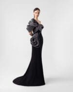 Sculptural Ribbed Silver and Black Mermaid One-Shoulder Dress - Image 3