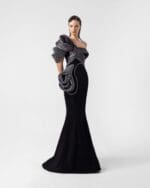 Sculptural Ribbed Silver and Black Mermaid One-Shoulder Dress