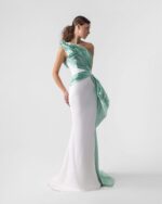 Exquisite Flared Off-White Dress with Mint Shimmering Drapery - Image 3
