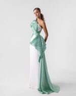 Exquisite Flared Off-White Dress with Mint Shimmering Drapery - Image 2