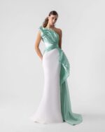 Exquisite Flared Off-White Dress with Mint Shimmering Drapery