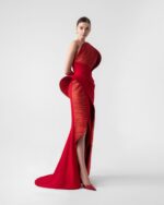 Sculptural 3D Ribbed Red Gown - Image 2