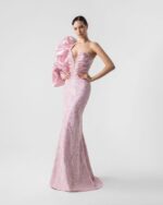Imposing Sleeve, Plunging V  Blossom Pink Evening Gown - Image 2