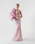 Imposing Sleeve, Plunging V  Blossom Pink Evening Gown - Image 3