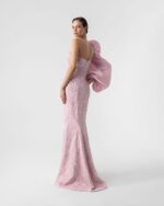 Imposing Sleeve, Plunging V  Blossom Pink Evening Gown - Image 4