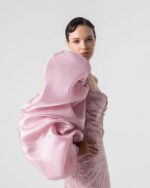 Imposing Sleeve, Plunging V  Blossom Pink Evening Gown - Image 5